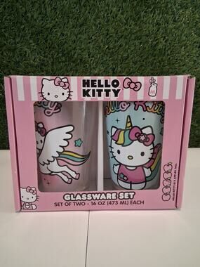Silver Buffalo Hello Kitty Unicorn 16 oz Pint Glasses Glassware Set of 2 New